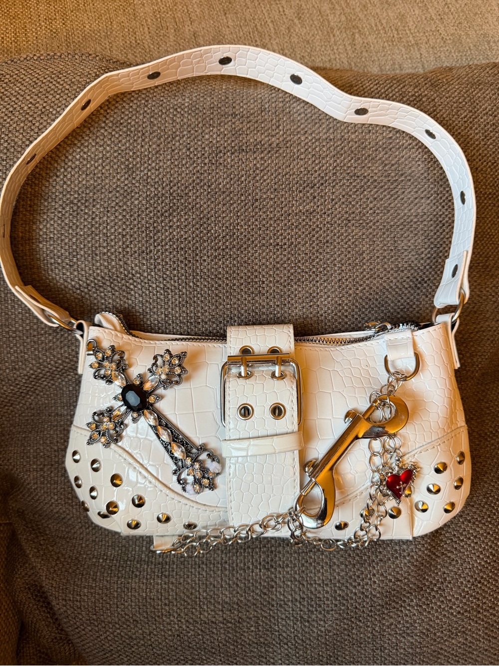 White Croc-Texture Shoulder Bag with Crystal Cross and Chain Charms